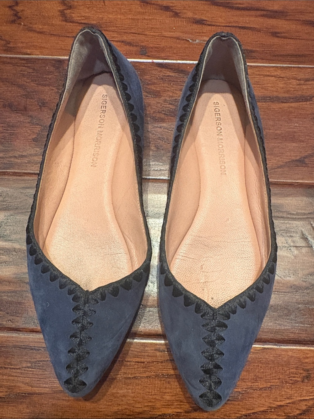 Sigerson Morrison Navy Suede Pointed-Toe Flats with Black Trim
